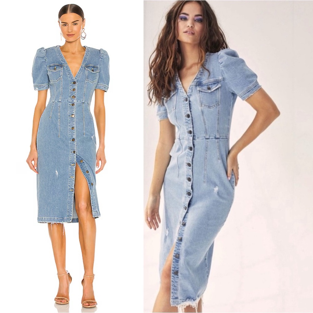 Retrofete Denim Annie Midi Puff Sleeve Dress Button Down XS